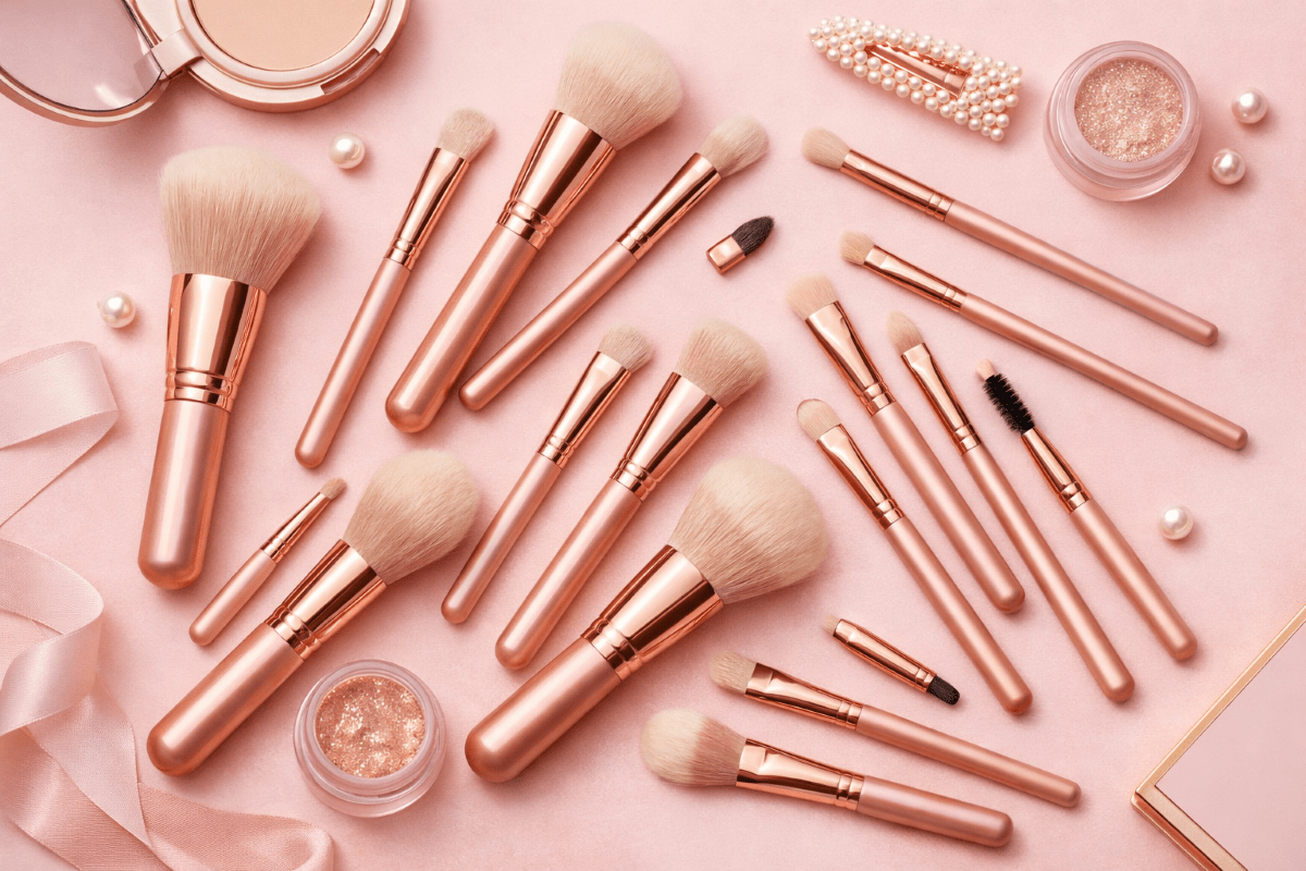 Evara Beauty 15‑Piece Ultra‑Soft Rose Gold Makeup Brush Set displayed on a pink background with accessories.