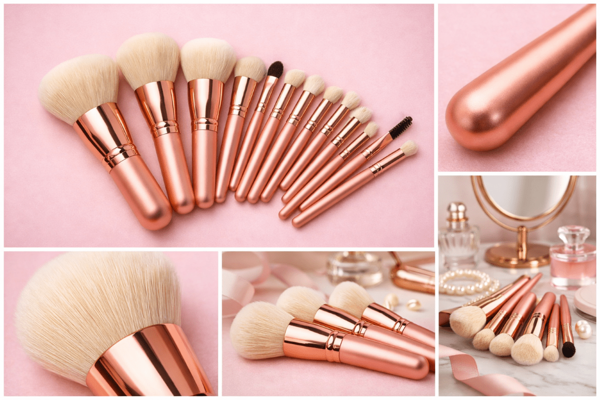 Evara Beauty 15-piece ultra-soft rose gold makeup brush set displayed on a pink background.