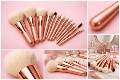 Evara Beauty 15-piece ultra-soft rose gold makeup brush set displayed on a pink background.