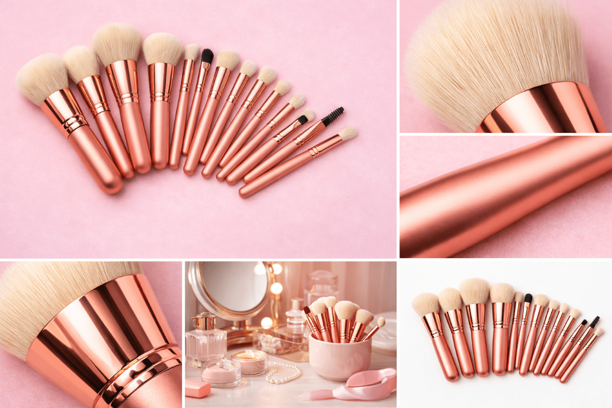 Evara Beauty 15-piece rose gold makeup brush set displayed on a pink background, featuring ultra-soft bristles and premium handles.