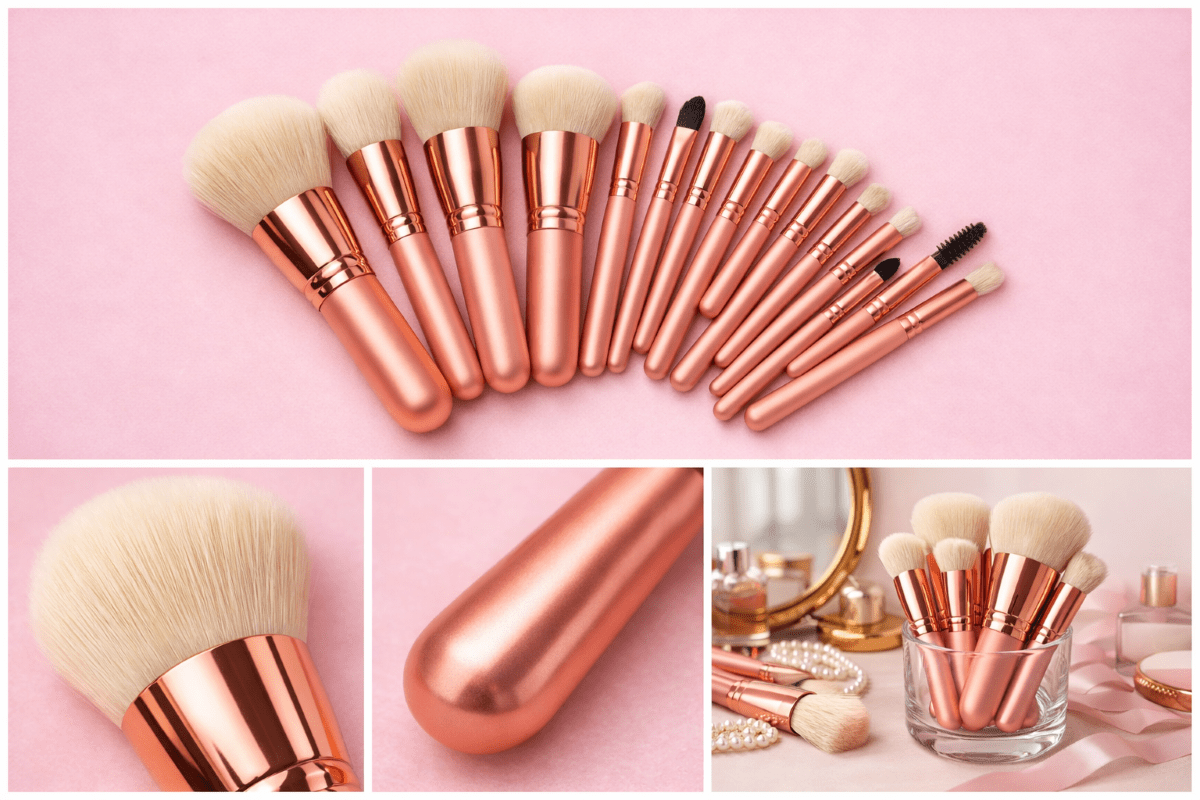 Evara Beauty 15-piece ultra-soft rose gold makeup brush set on pink background, featuring premium bristles and handles.