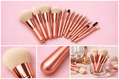 Evara Beauty 15-piece ultra-soft rose gold makeup brush set on pink background, featuring premium bristles and handles.