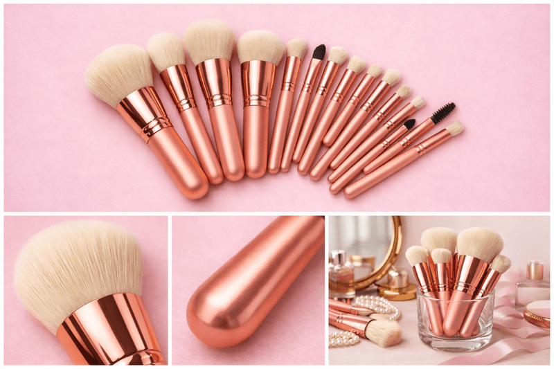 Evara Beauty 15-piece ultra-soft rose gold makeup brush set on pink background, featuring premium bristles and handles.