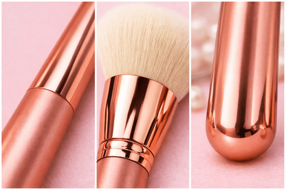 Close-up of rose gold makeup brush set highlighting ultra-soft bristles and elegant design for flawless application.
