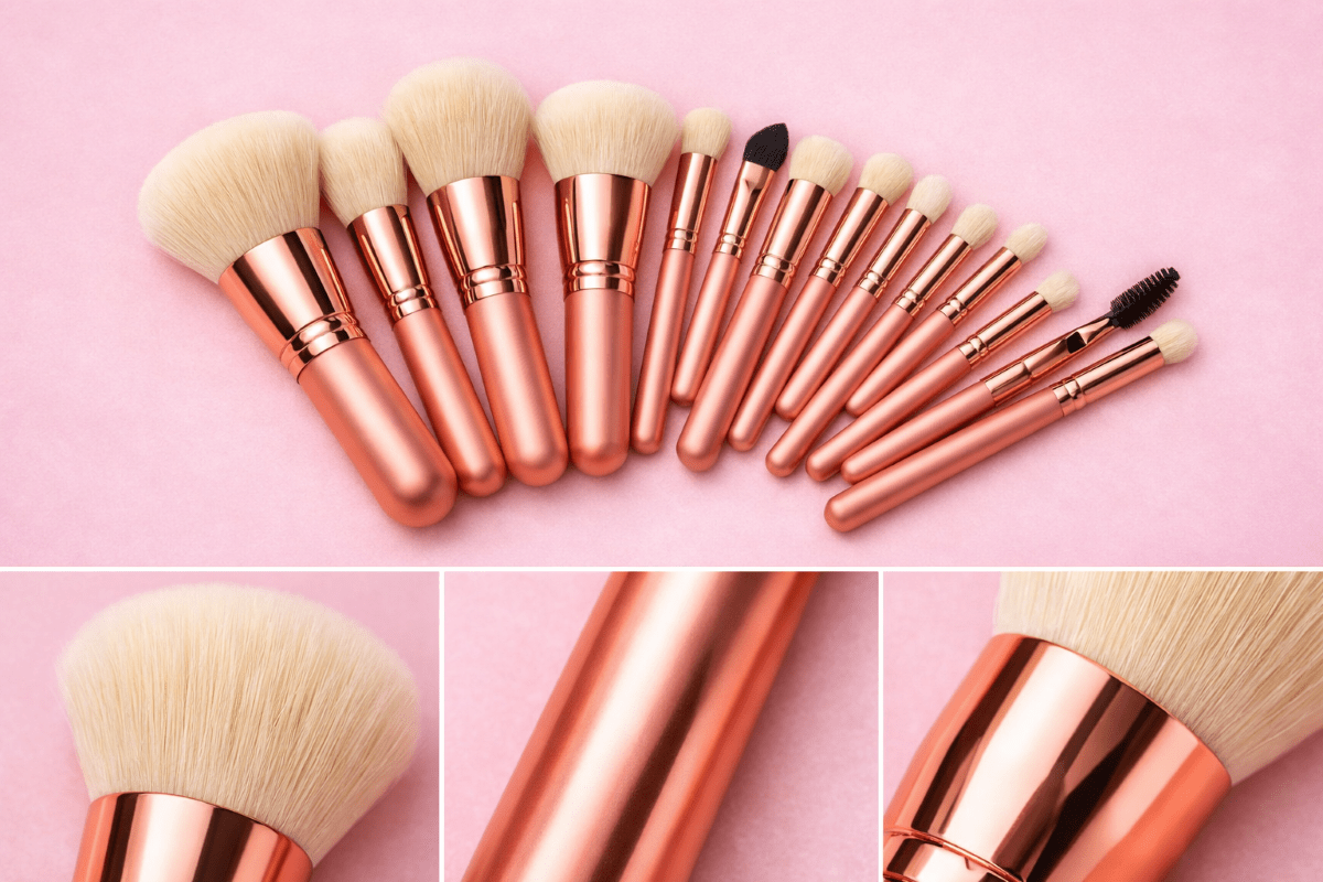 Evara Beauty 15-Piece Ultra-Soft Rose Gold Makeup Brush Set featuring premium bristles and handles on pink background
